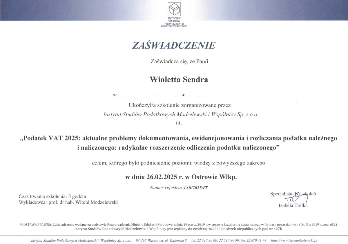 Podatek VAT 2025: Dokumentowanie i Rozliczanie – Instytut Studiów Podatkowych Modzelewski i Wspólnicy